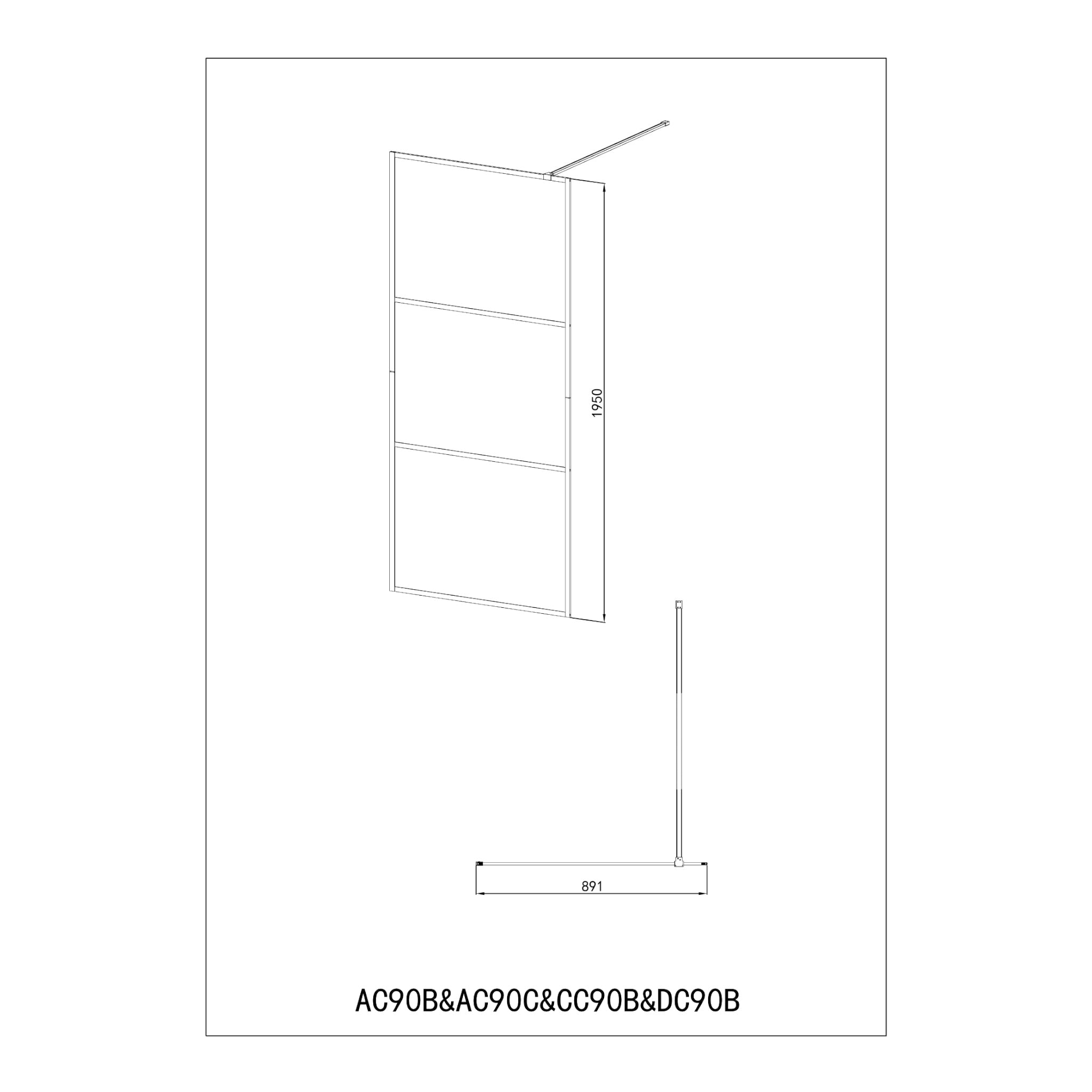 Walk-in shower with 3-part chrome frame in different sizes