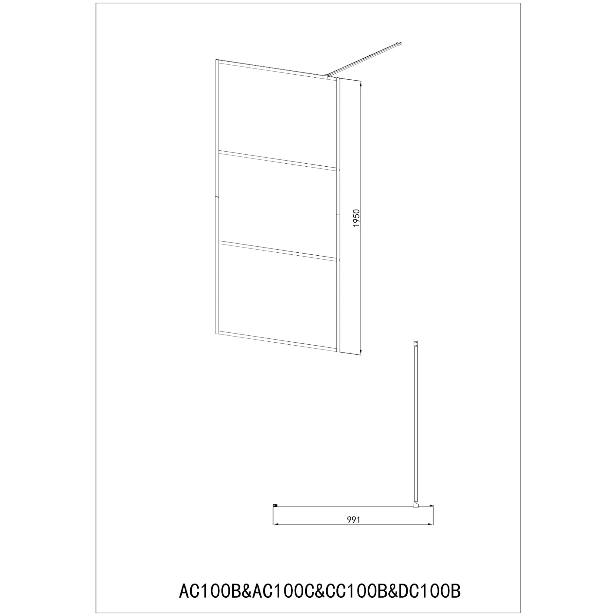 Walk-in shower with 3-part black frame in different sizes