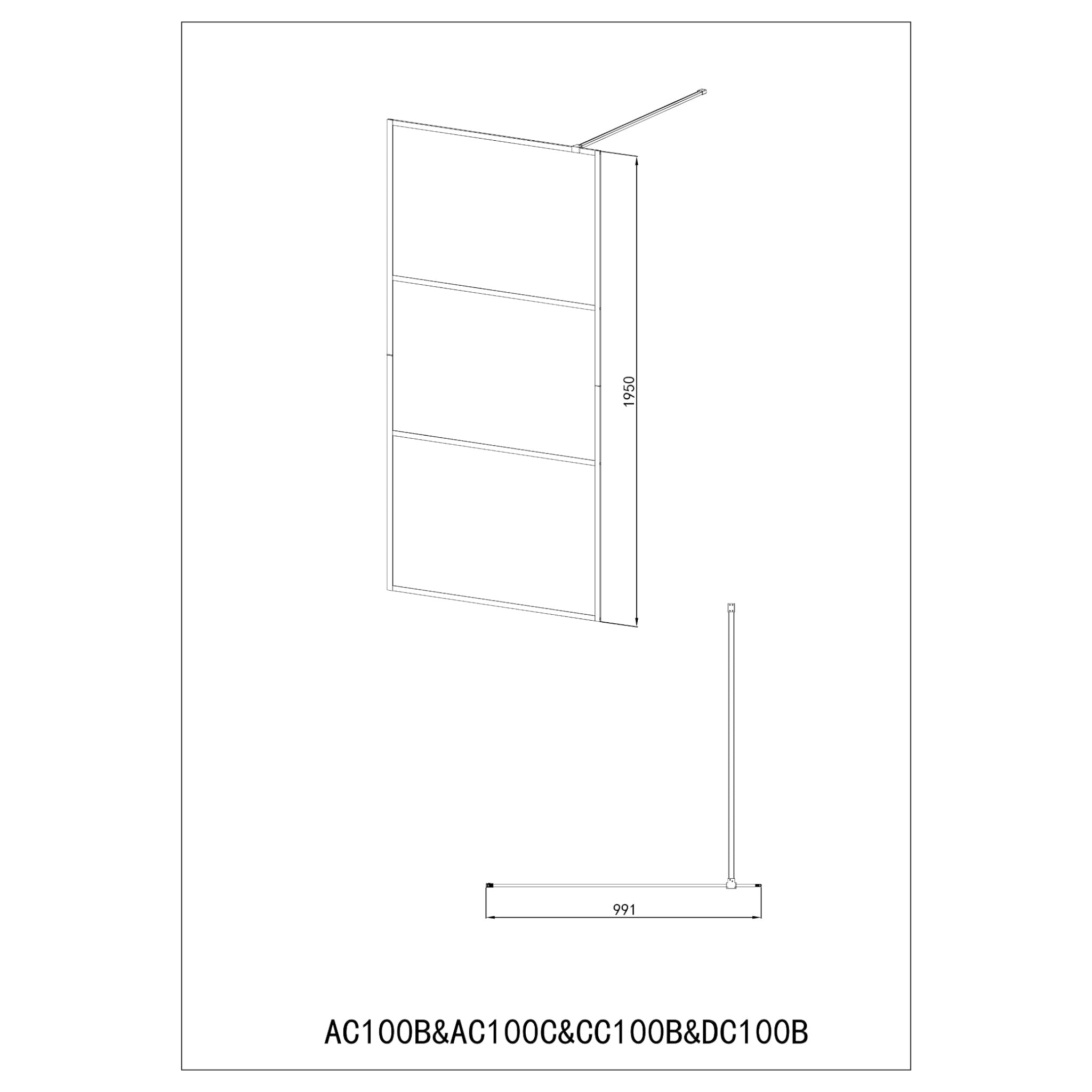 Walk-in shower with 3-part black frame with design glass in different sizes