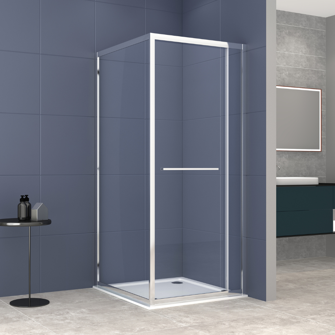 Corner shower cabin with two sliding doors, chrome in 2 different sizes