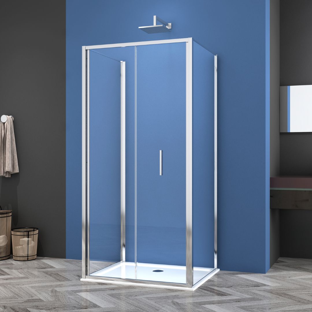 Corner shower cabin with two sliding doors, chrome in 2 different sizes