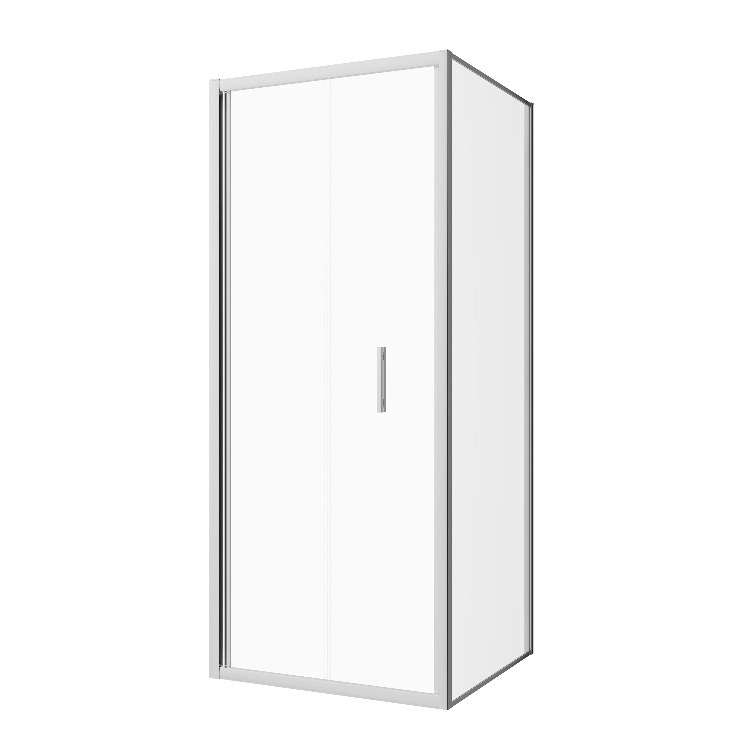 Corner shower cabin with two sliding doors, chrome in 2 different sizes