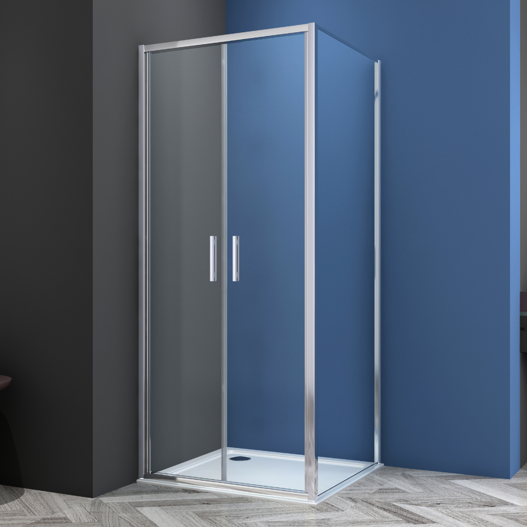 Corner shower cabin with two sliding doors, chrome in 2 different sizes