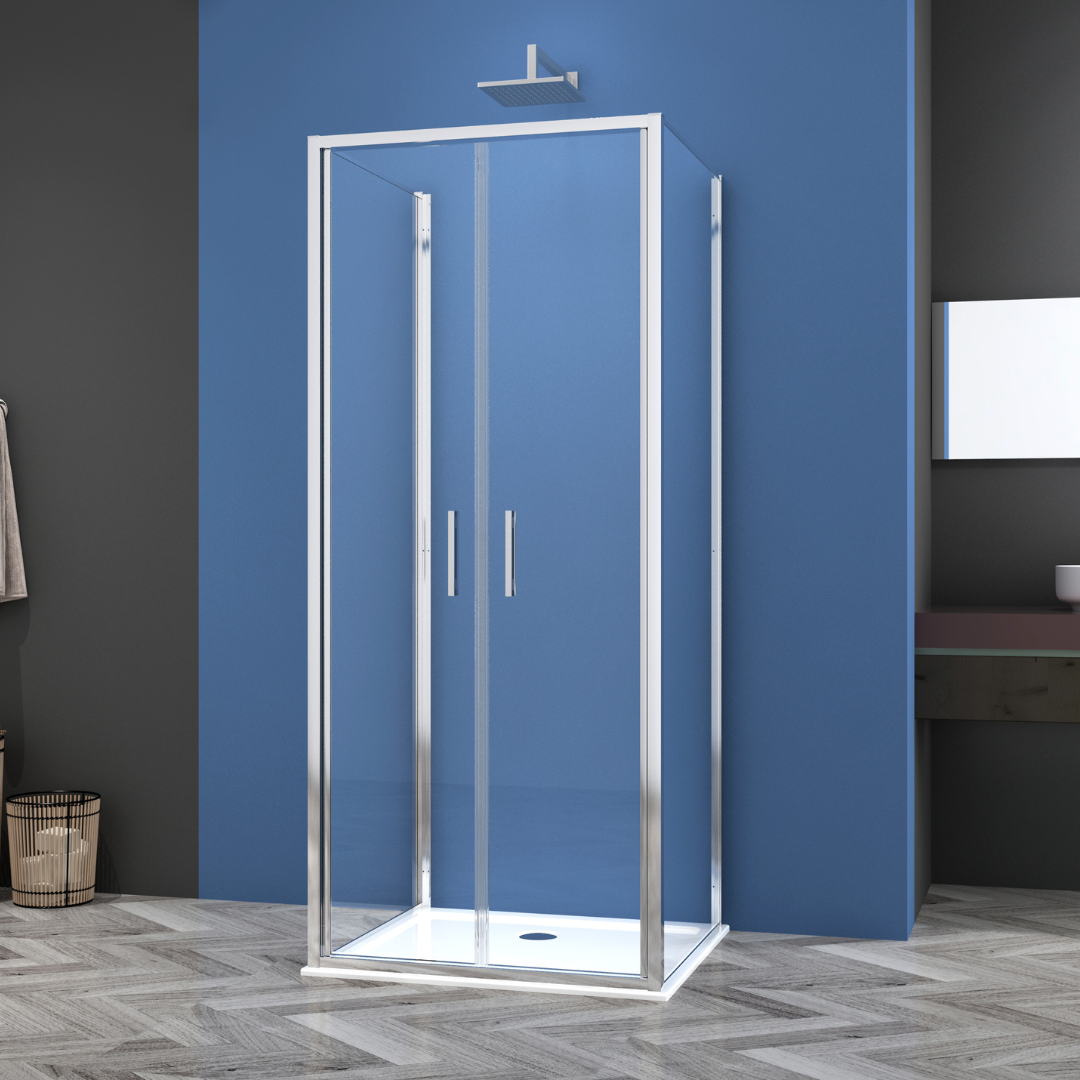 Corner shower cabin with two sliding doors, chrome in 2 different sizes