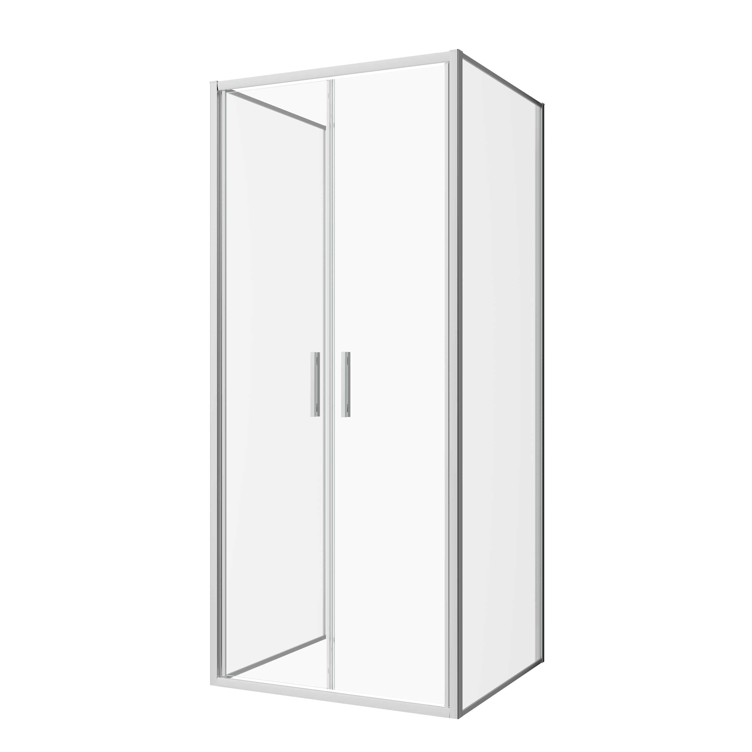 Corner shower cabin with two sliding doors, chrome in 2 different sizes