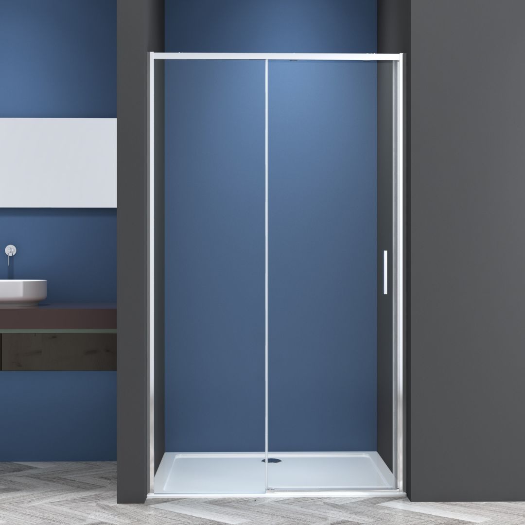 Corner shower cabin with two sliding doors, chrome in 2 different sizes