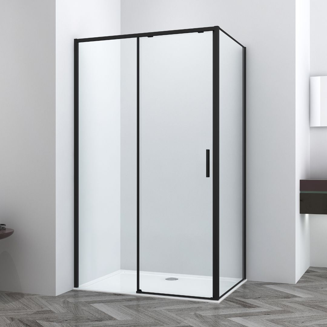 Corner shower cabin with two sliding doors, chrome in 2 different sizes