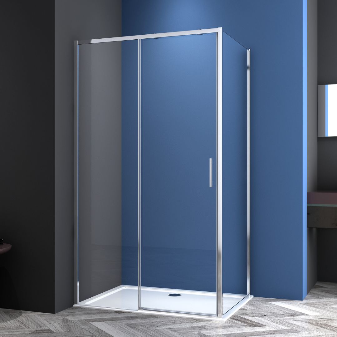 Corner shower cabin with two sliding doors, chrome in 2 different sizes
