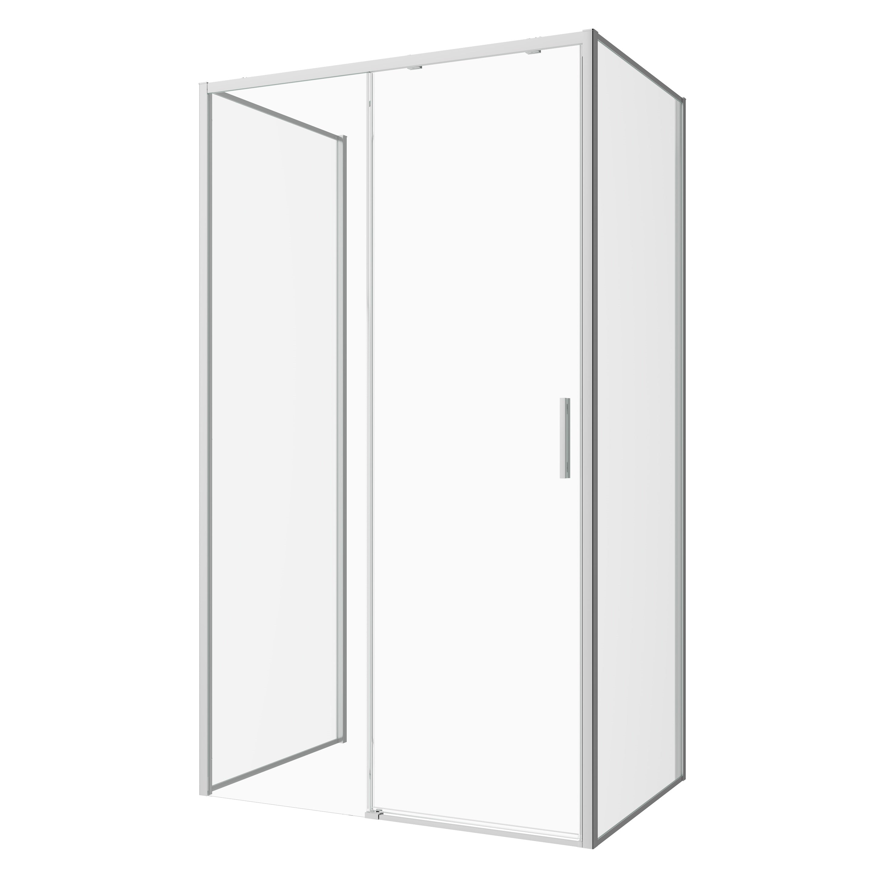 Corner shower cabin with two sliding doors, chrome in 2 different sizes