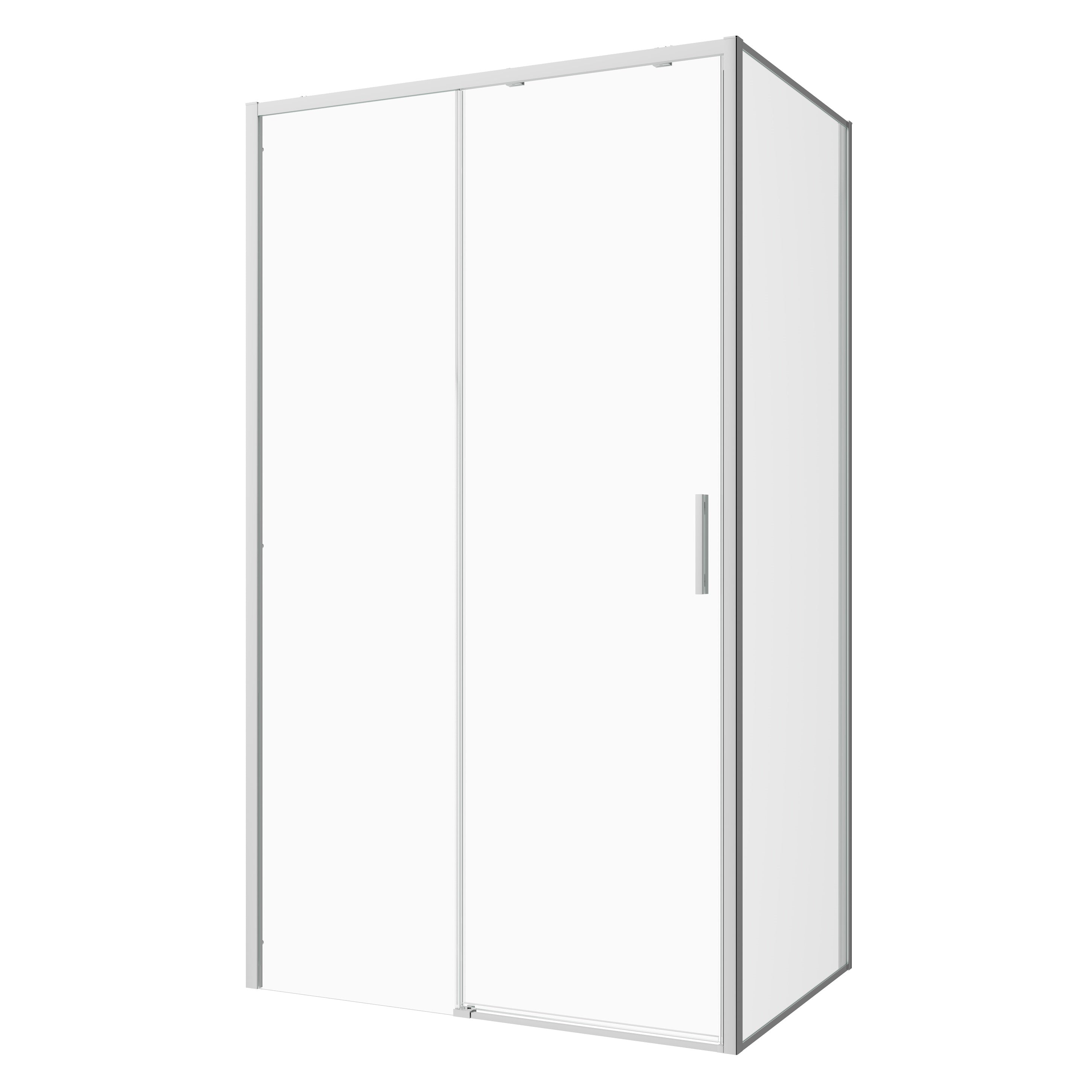 Corner shower cabin with two sliding doors, chrome in 2 different sizes