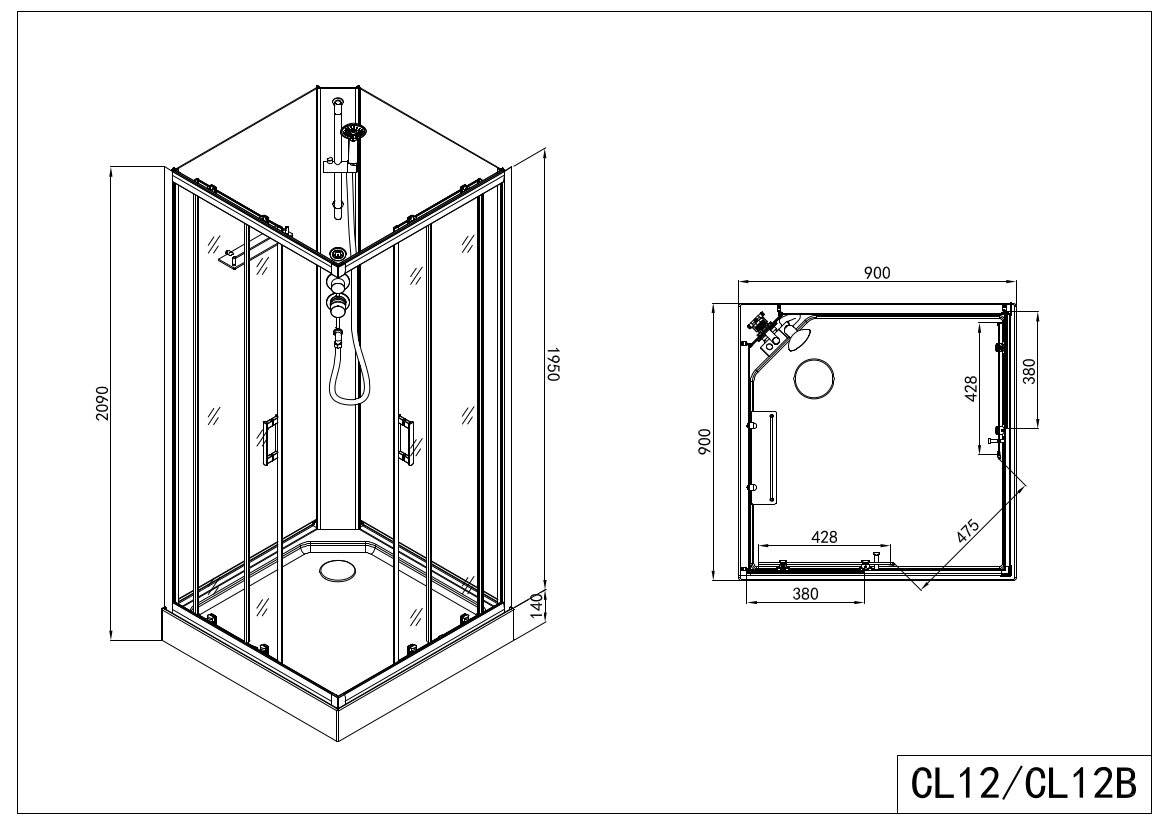Cabina de ducha completa DENVER BLACK - con montaje rápido 90 x 90 x 210 cm