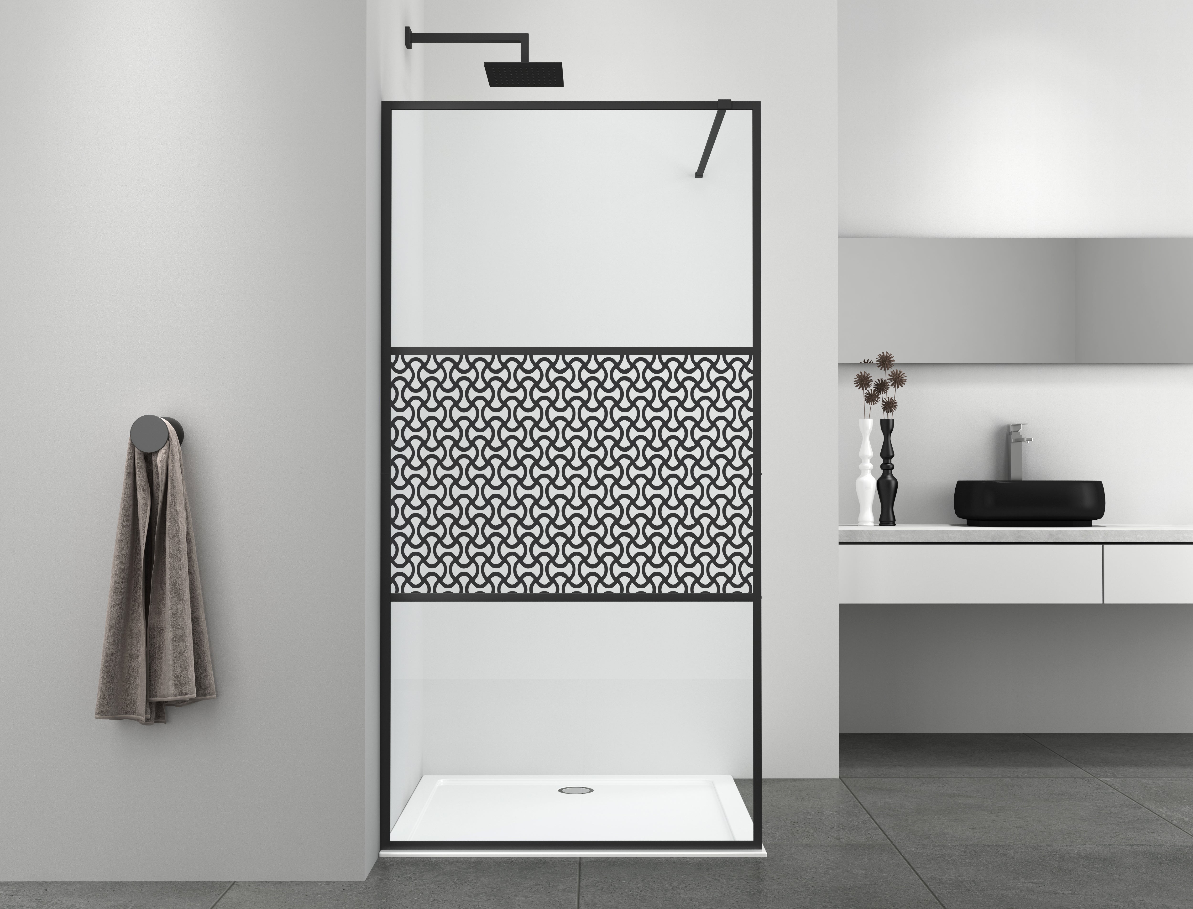 Walk-in shower with 3-part black frame with design glass in different sizes