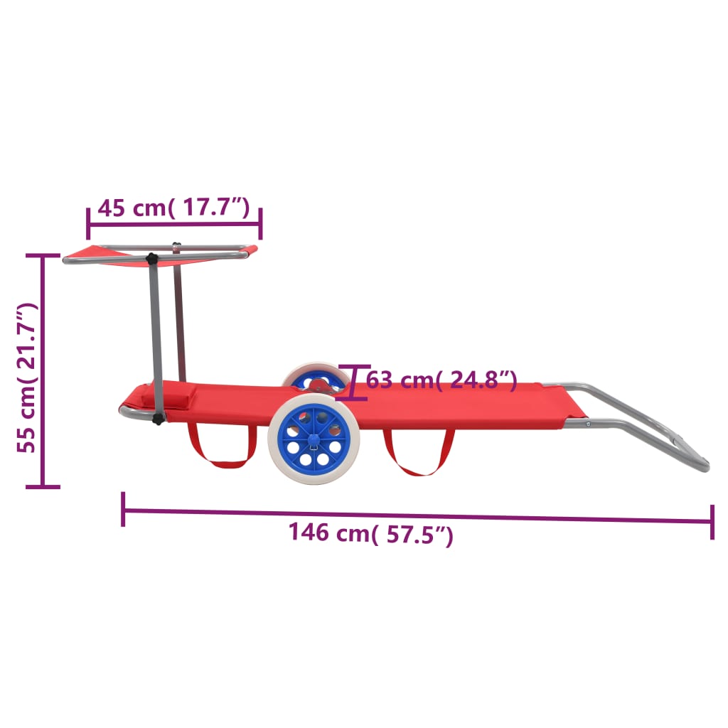 Sonnenliege Klappbar mit Sonnenschutz und Rädern Stahl Rot