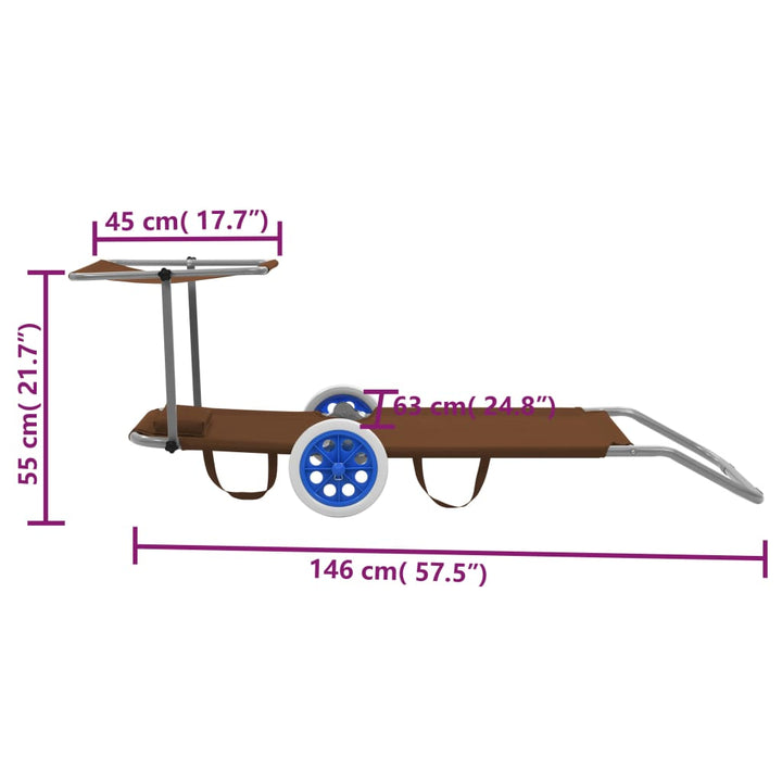 Tumbona plegable con protección solar y ruedas acero topo