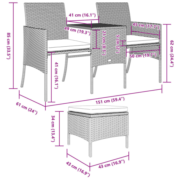 2-Sitzer-Gartensofa mit Tisch & Hocker Poly Rattan Schwarz