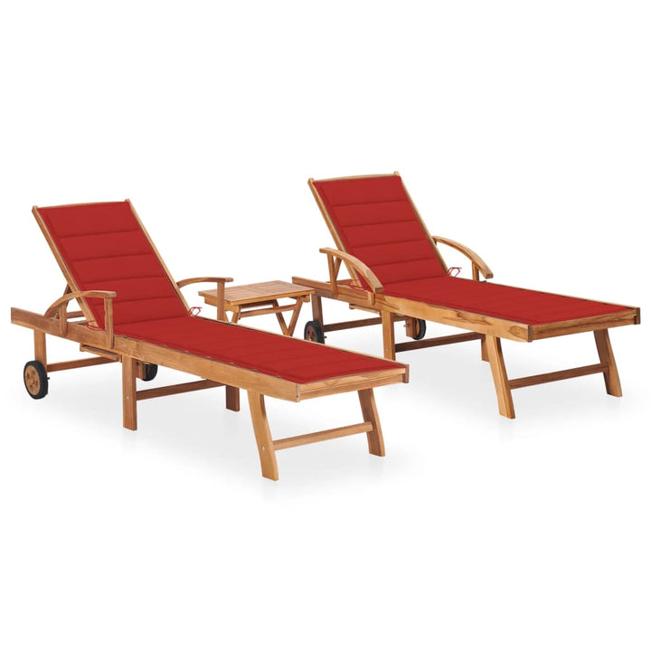 Sonnenliegen 2 Stk. mit Tisch und Auflagen Massivholz Teak