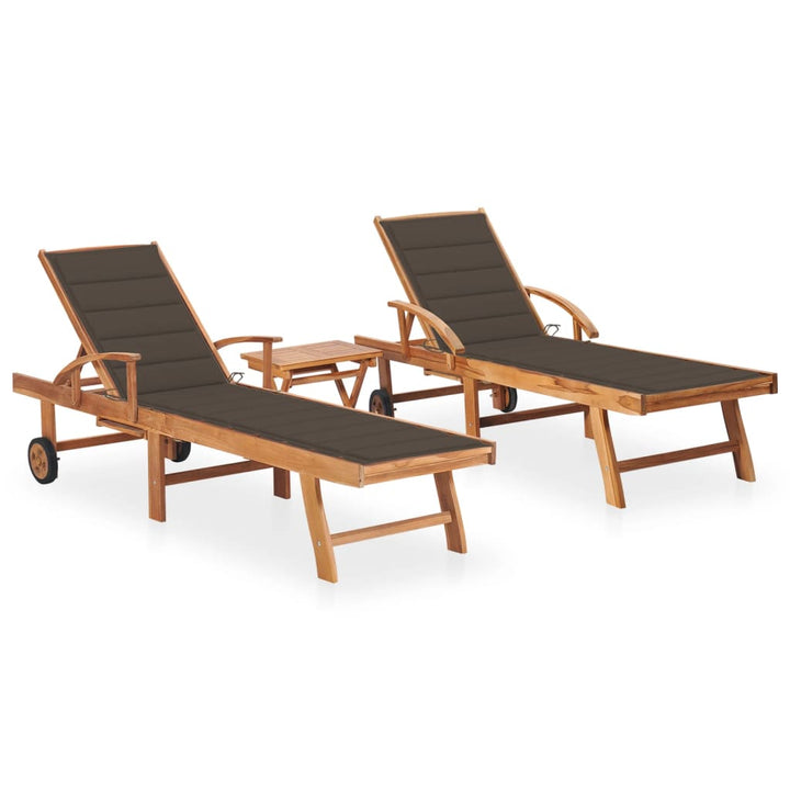 Sonnenliegen 2 Stk. mit Tisch und Auflagen Massivholz Teak