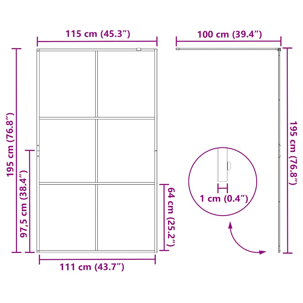 Shower screen for walk-in shower with clear tempered glass 115x195 cm