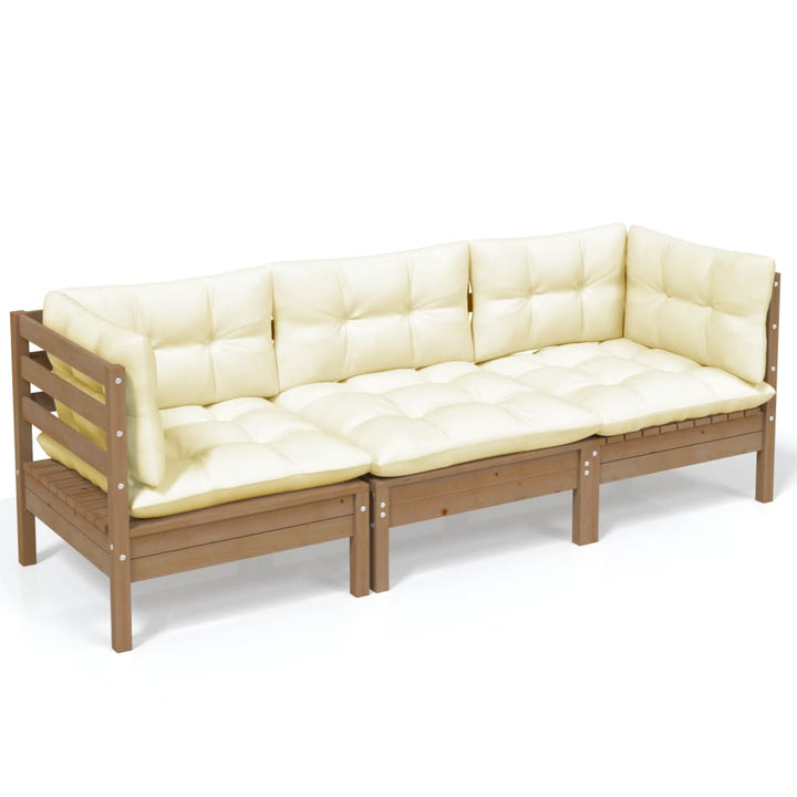 3-Sitzer-Gartensofa mit Creme Kissen Massivholz Kiefer