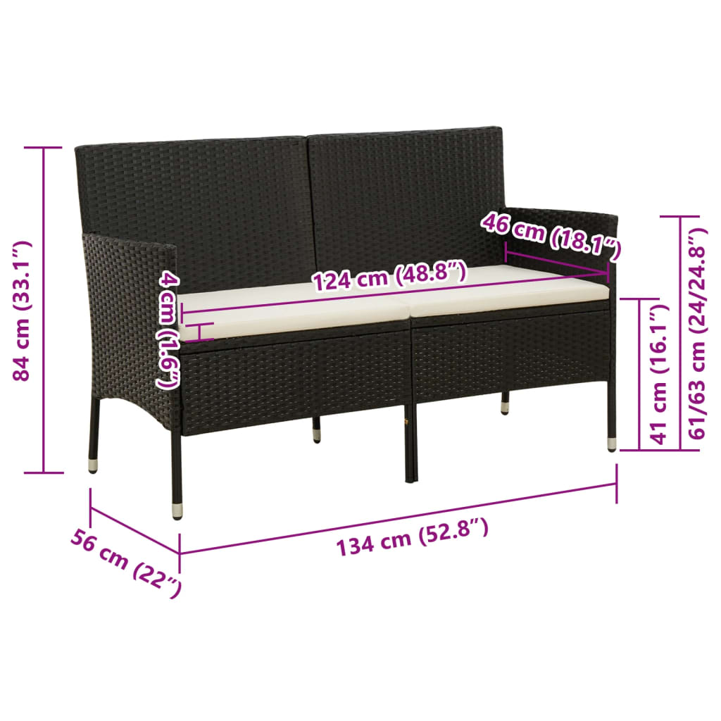 3-Sitzer-Gartensofa mit Kissen Schwarz Poly Rattan