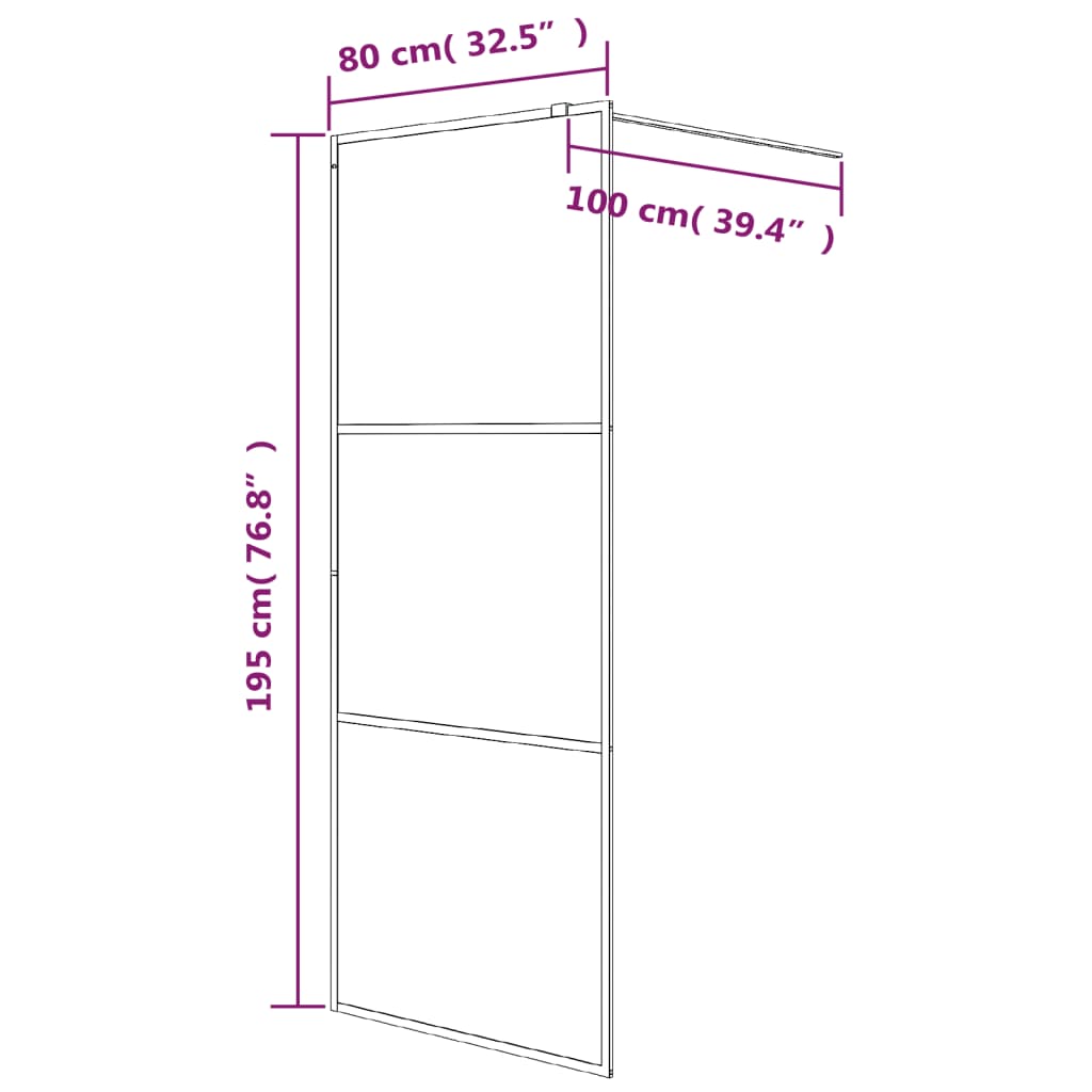 Shower screen for walk-in shower, black, 80x195 cm, semi-matte tempered safety glass