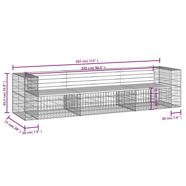 Gartenbank aus Gabionen 287x71x65,5 cm Massivholz Douglasie