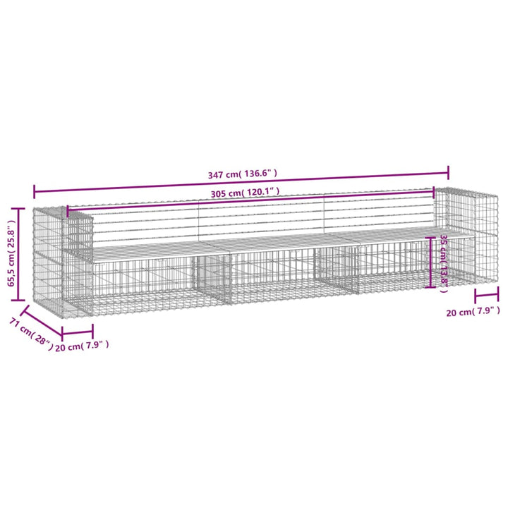 Gartenbank aus Gabionen 347x71x65,5 cm Kiefernholz Imprägniert