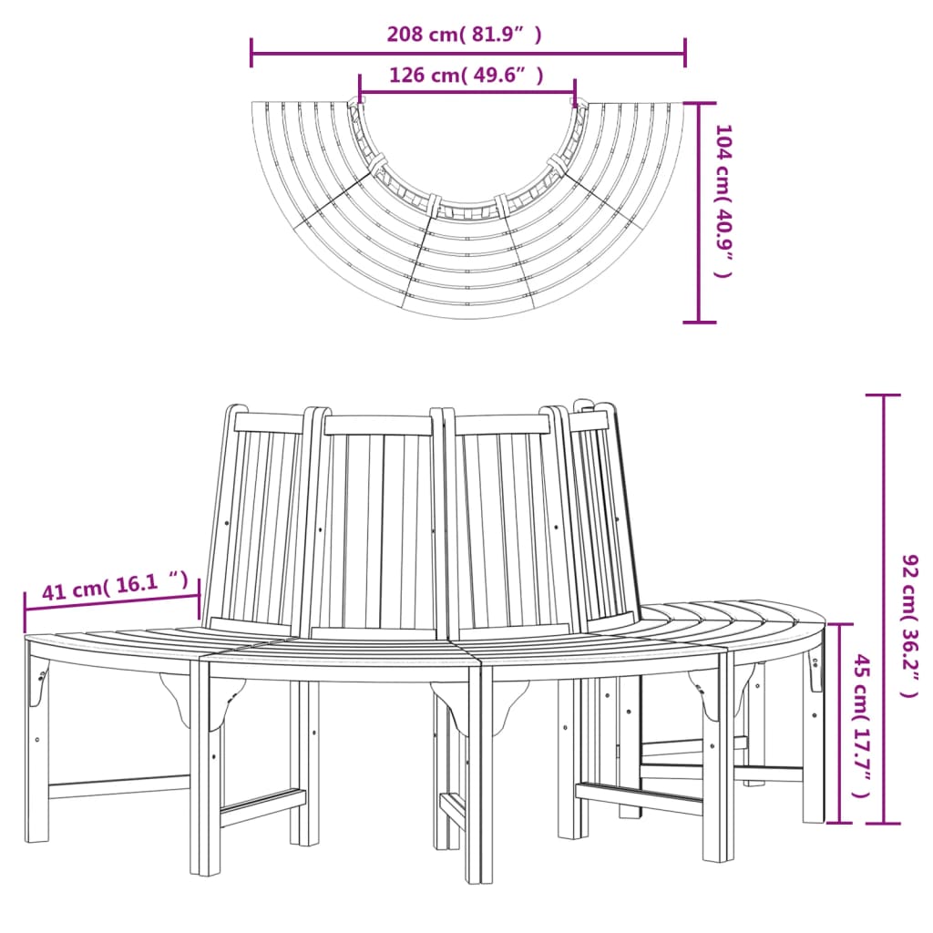 Banco para árbol semicircular Ø208 cm madera maciza de eucalipto