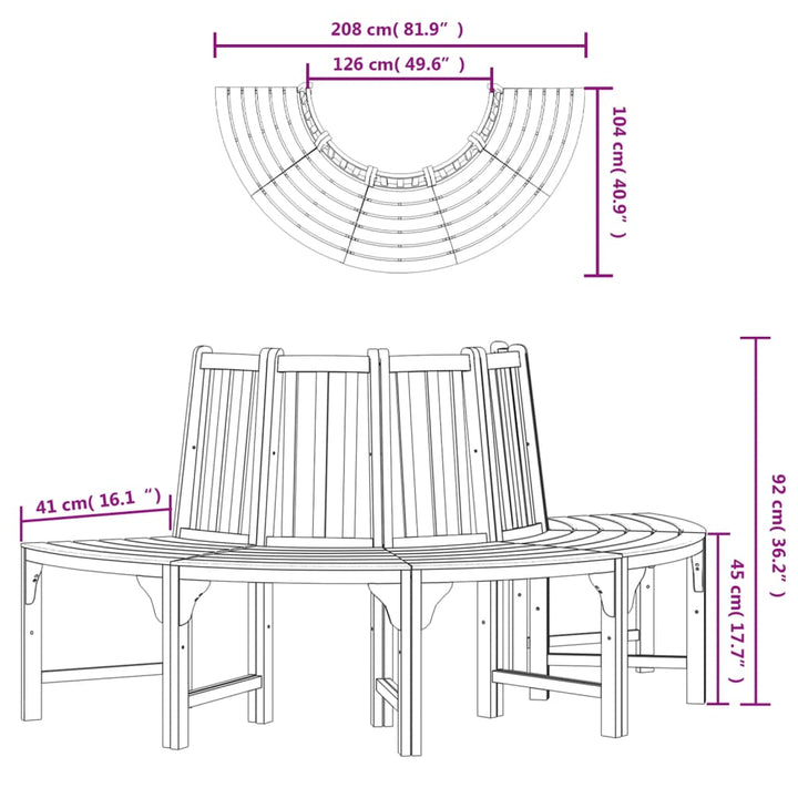 Banco para árbol semicircular Ø208 cm madera maciza de eucalipto