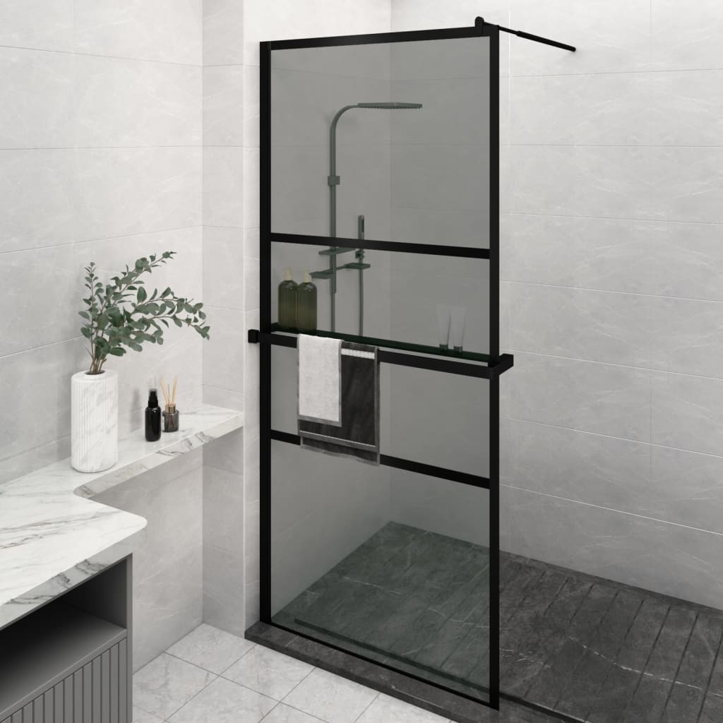 Duschwand mit Ablage für Walk-In-Dusche Schwarz 90x195 cm ESG