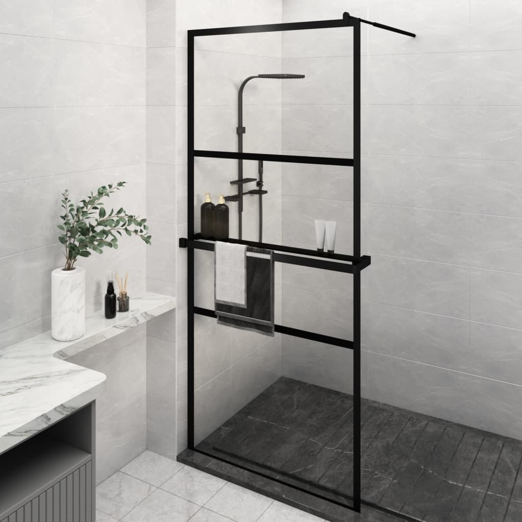 Duschwand mit Ablage für Walk-In-Dusche Schwarz 100x195 cm ESG