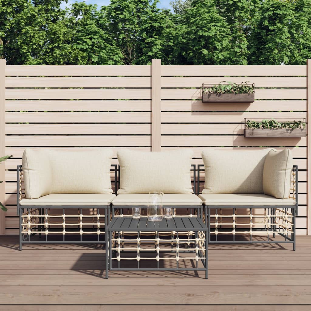 4-tlg. Garten-Lounge-Set mit Kissen Anthrazit Poly Rattan