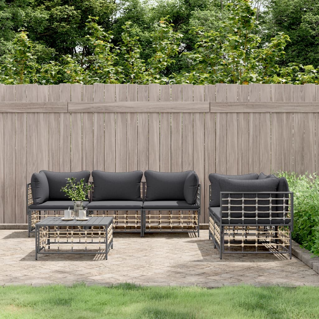 6-tlg. Garten-Lounge-Set mit Kissen Anthrazit Poly Rattan