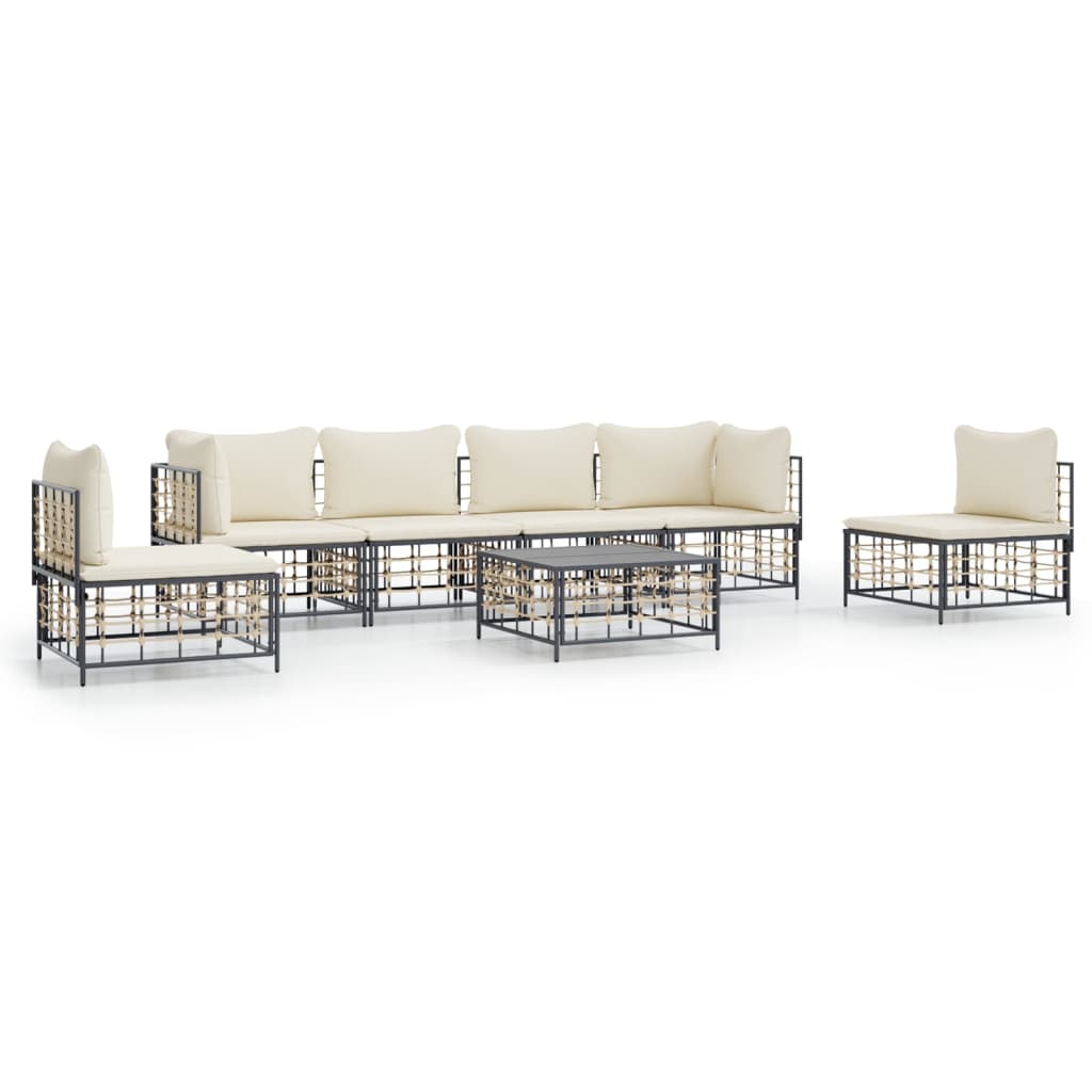 7-tlg. Garten-Lounge-Set mit Kissen Anthrazit Poly Rattan