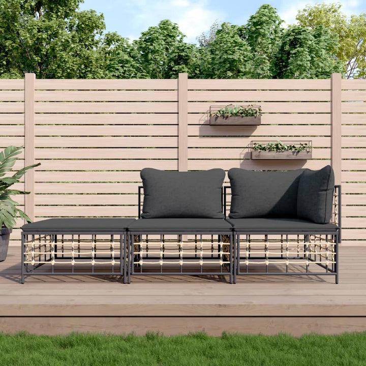 3-tlg. Garten-Lounge-Set mit Kissen Anthrazit Poly Rattan