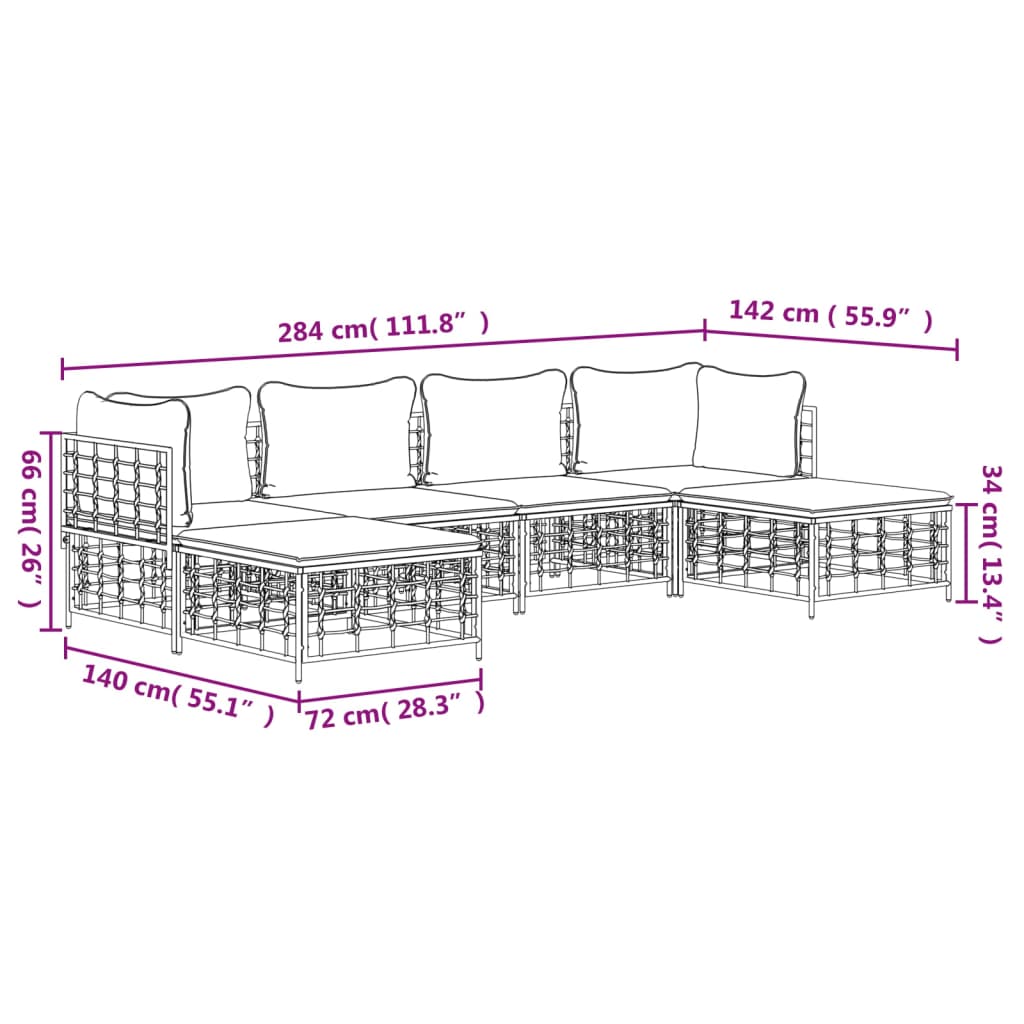 6-tlg. Garten-Lounge-Set mit Kissen Anthrazit Poly Rattan