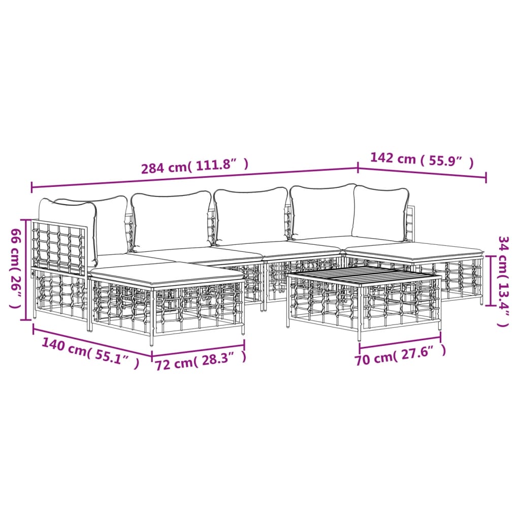 7-tlg. Garten-Lounge-Set mit Kissen Anthrazit Poly Rattan