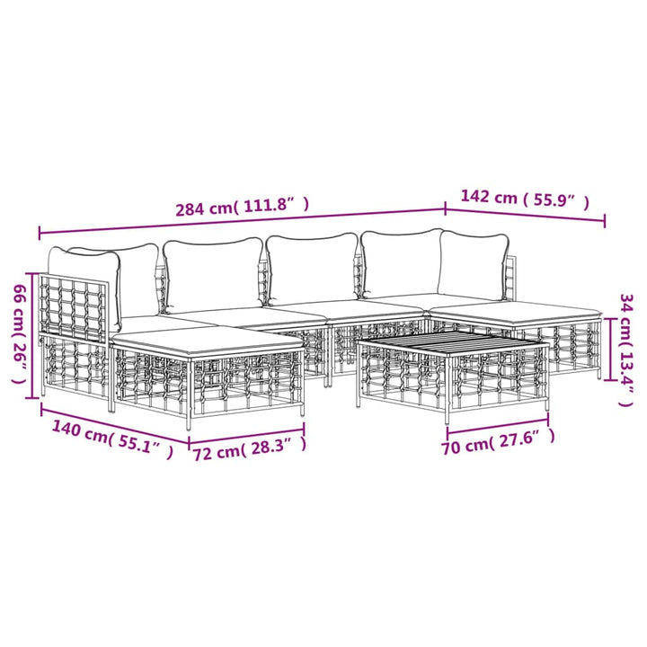 7-tlg. Garten-Lounge-Set mit Kissen Anthrazit Poly Rattan