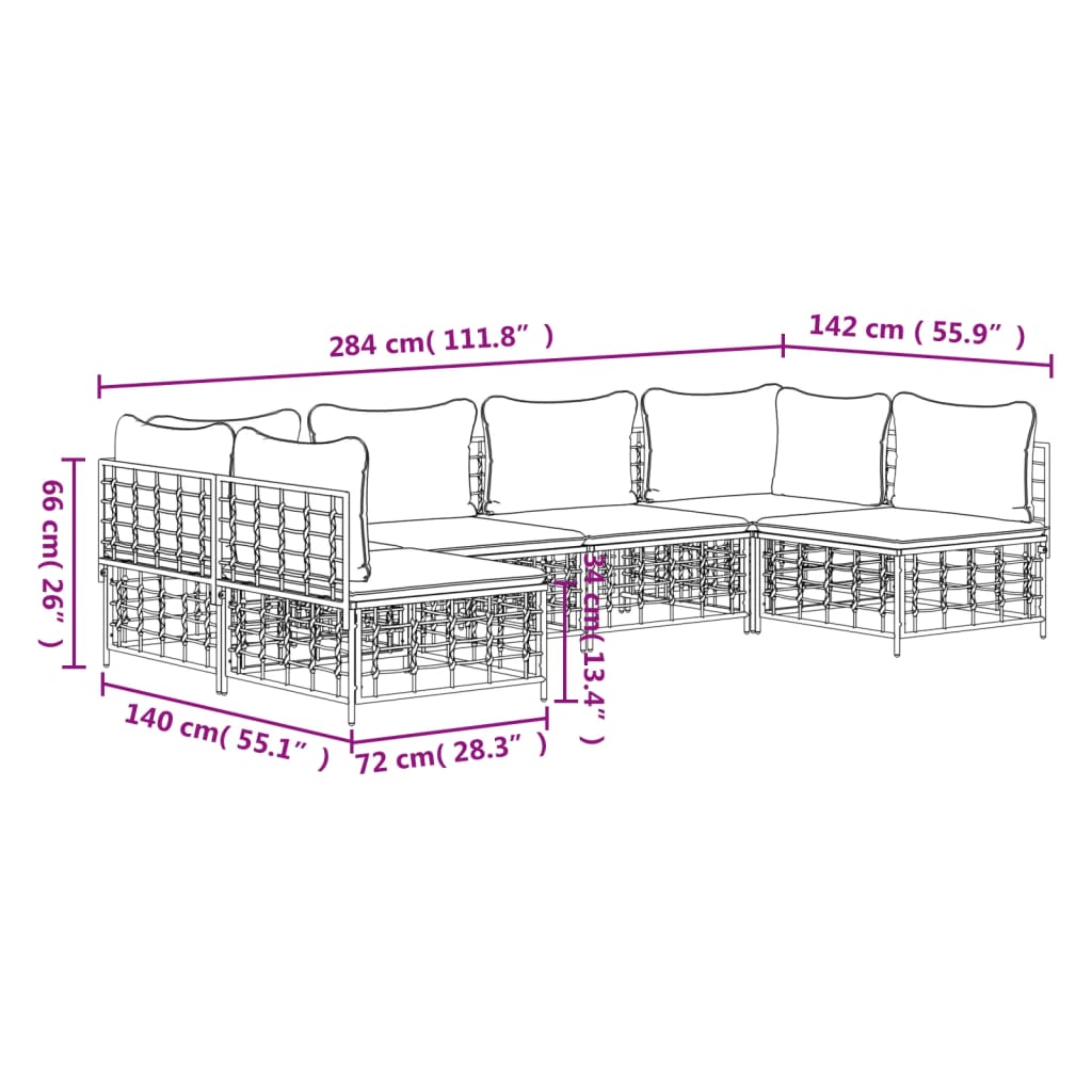 6-tlg. Garten-Lounge-Set mit Kissen Anthrazit Poly Rattan