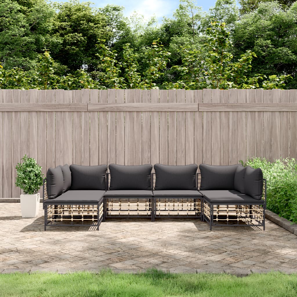 6-tlg. Garten-Lounge-Set mit Kissen Anthrazit Poly Rattan