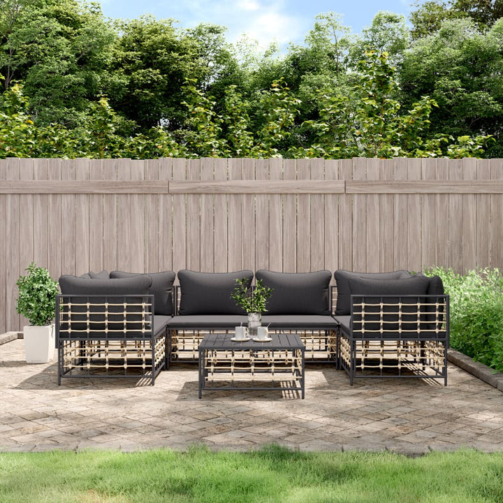 7-tlg. Garten-Lounge-Set mit Kissen Anthrazit Poly Rattan