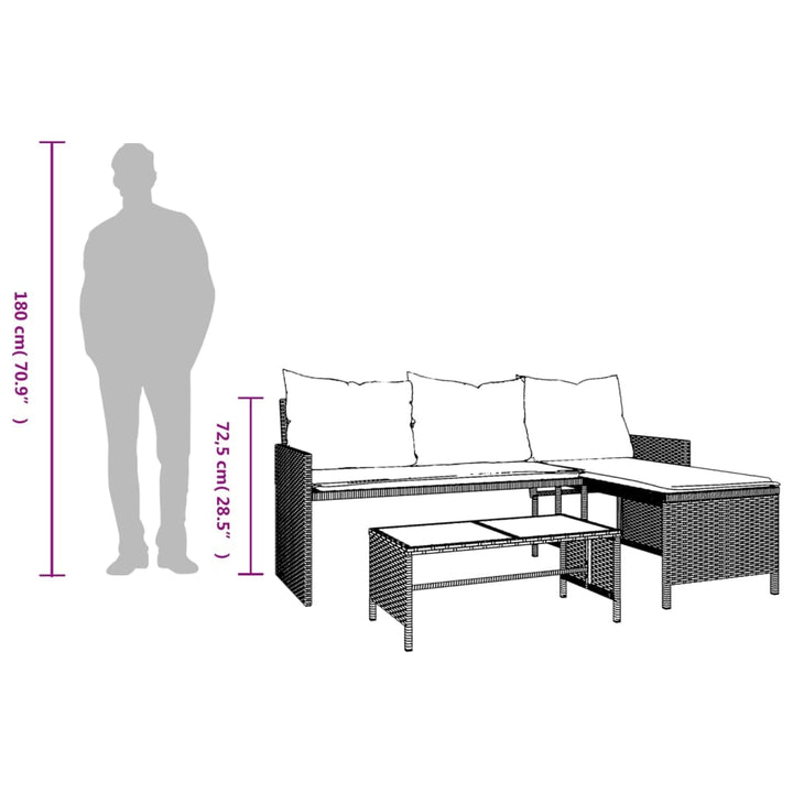 Sofá de jardín en forma de L con mesa y cojines de polirratán gris