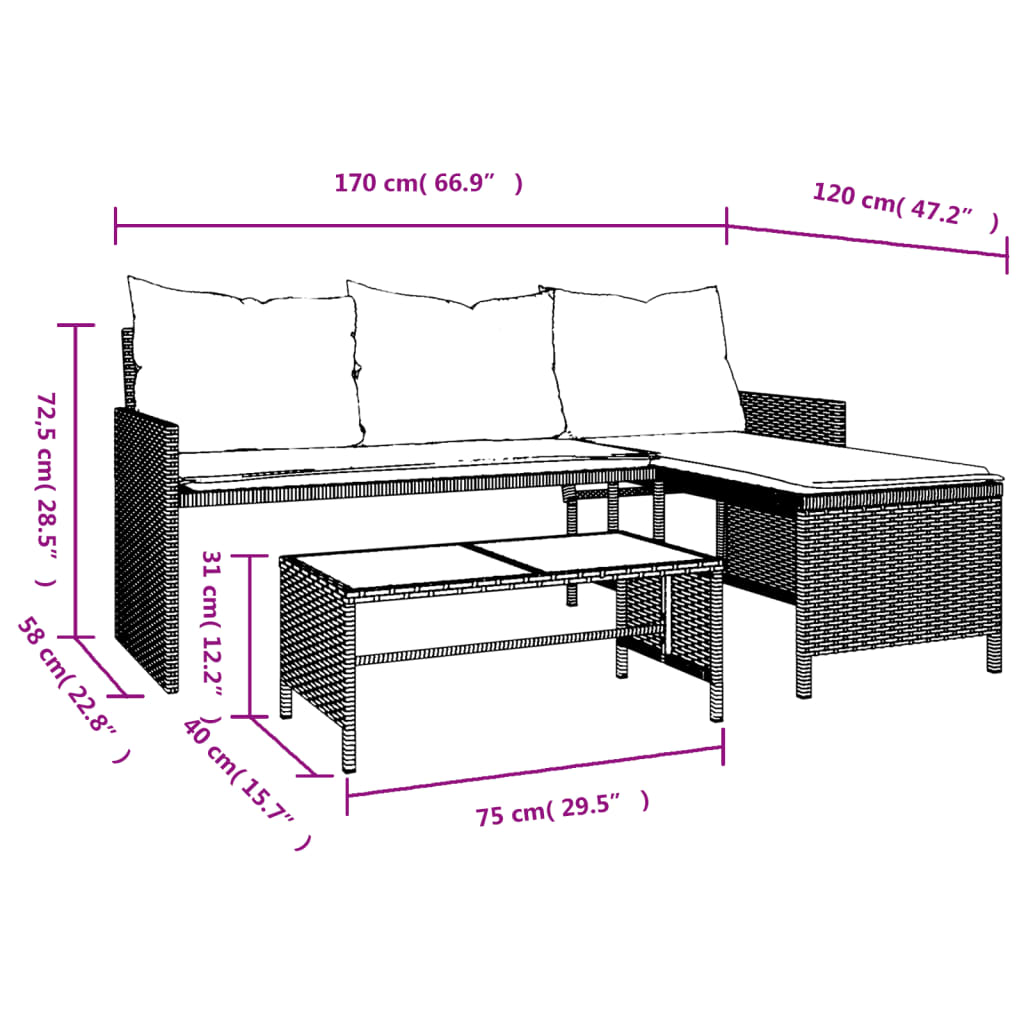 Sofá de jardín en forma de L con mesa y cojines de polirratán beige