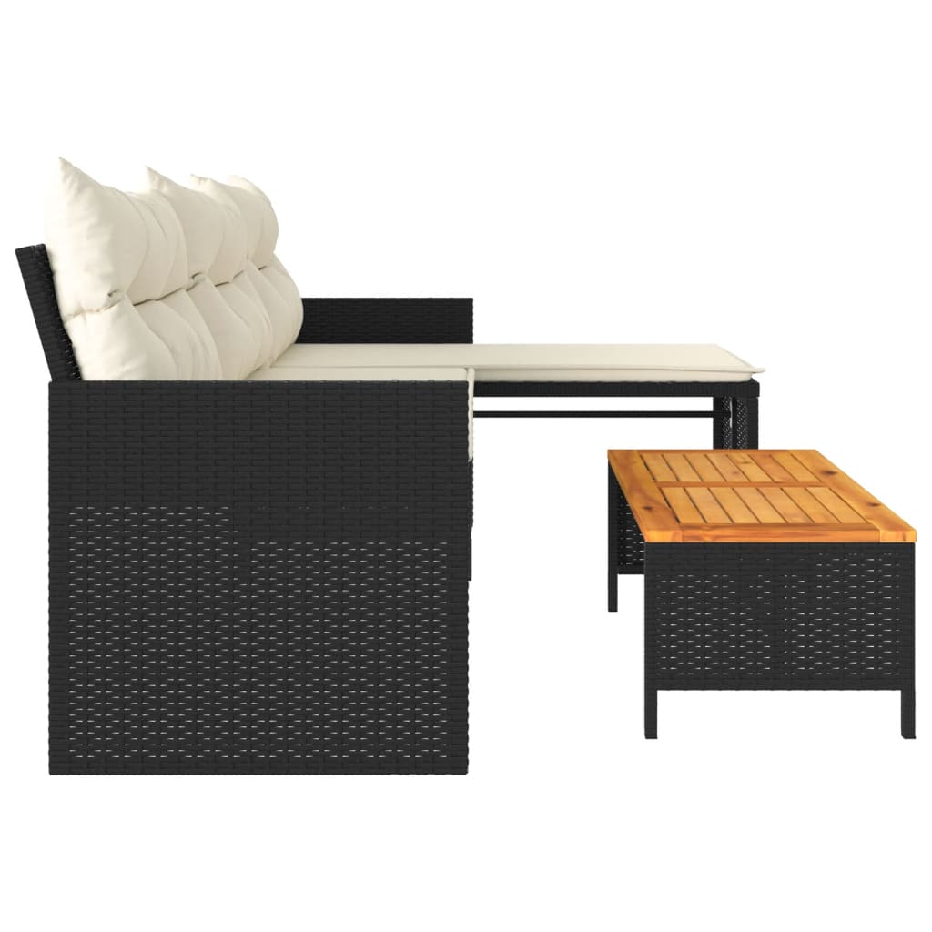 Sofá de jardín en forma de L con mesa y cojines Poly Rattan negro