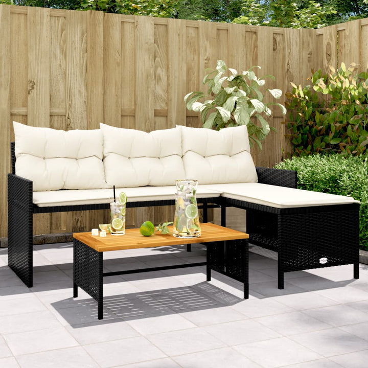 Sofá de jardín en forma de L con mesa y cojines Poly Rattan negro