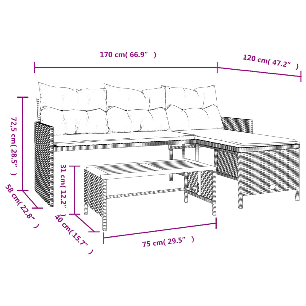 Sofá de jardín en forma de L con mesa y cojines de polirratán beige