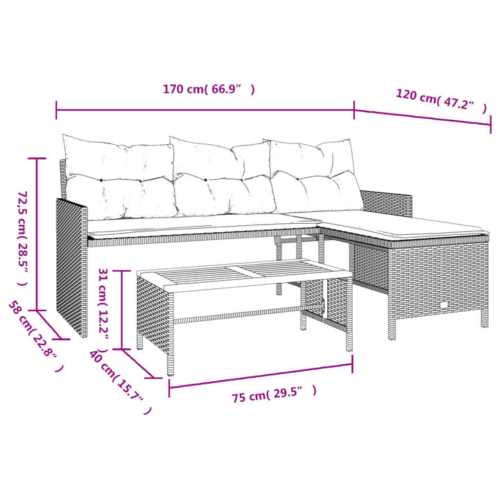 Sofá de jardín en forma de L con mesa y cojines de polirratán beige