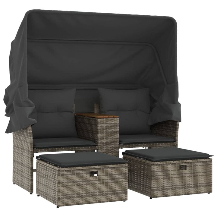 Gartensofa 2-Sitzer mit Dach und Hockern Grau Poly Rattan