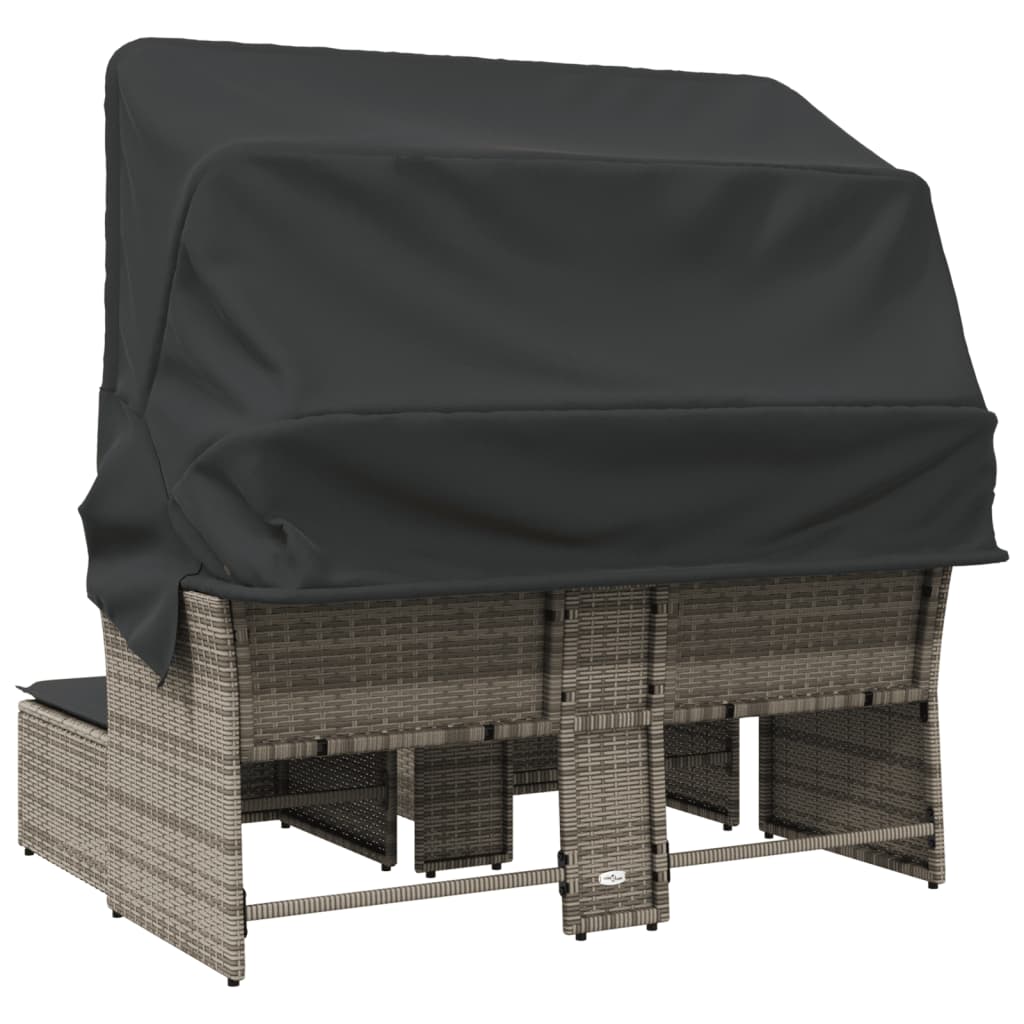 Gartensofa 2-Sitzer mit Dach und Hockern Grau Poly Rattan