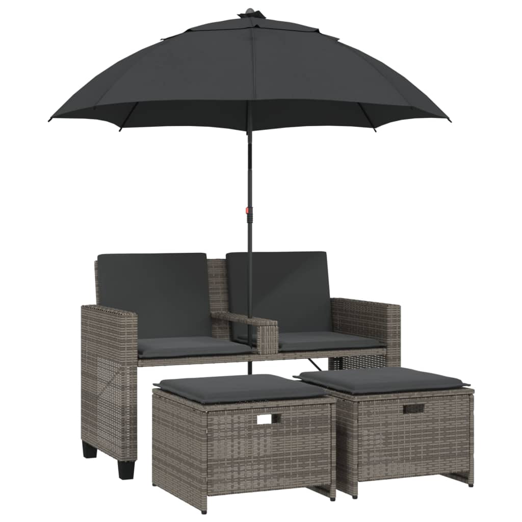 Gartensofa 2-Sitzer Sonnenschirm und Hocker Grau Poly Rattan